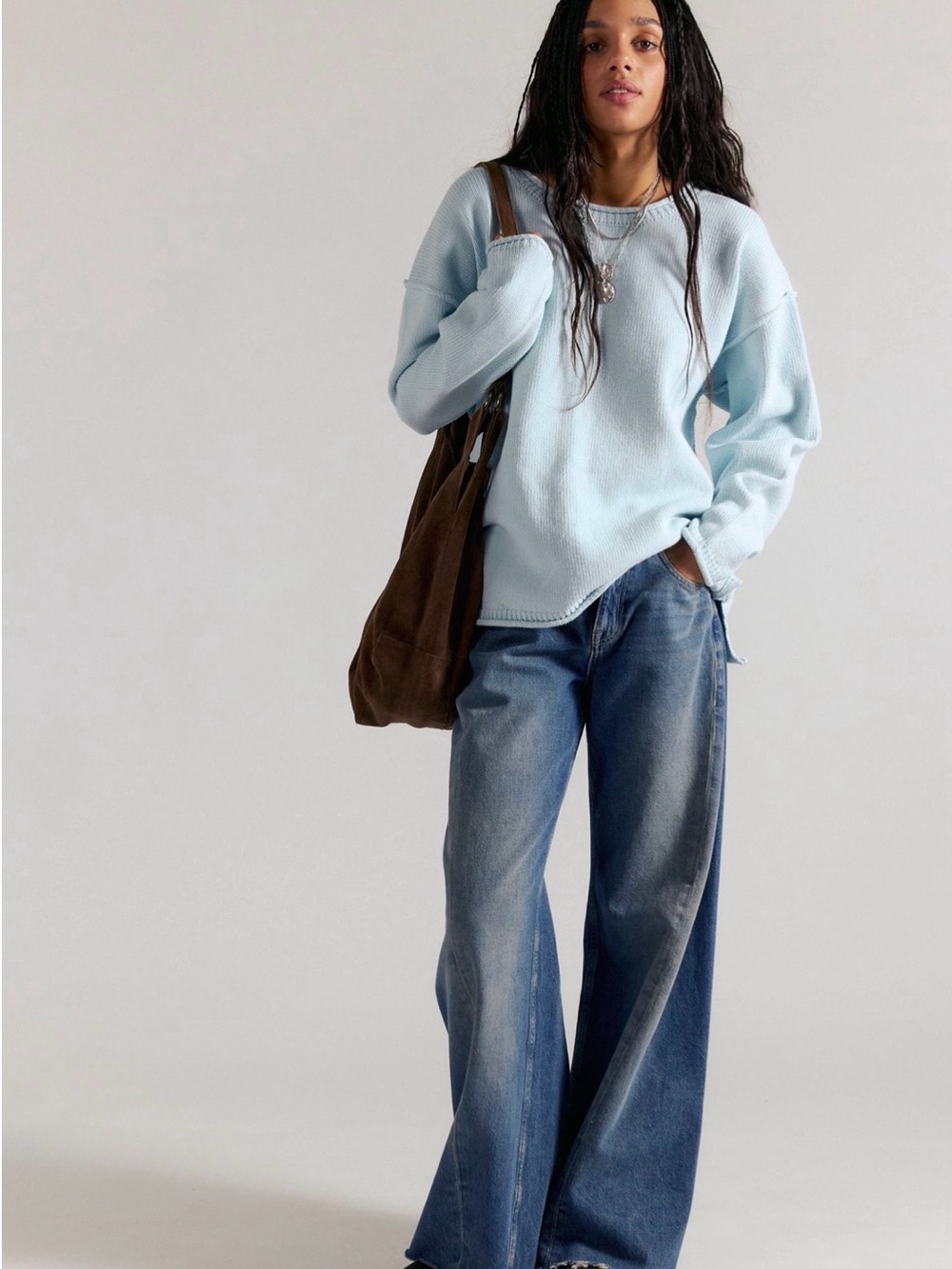 NWT Free People We The Free Ella Roll-Neck Cotton Knit Sweater Dew Shine L